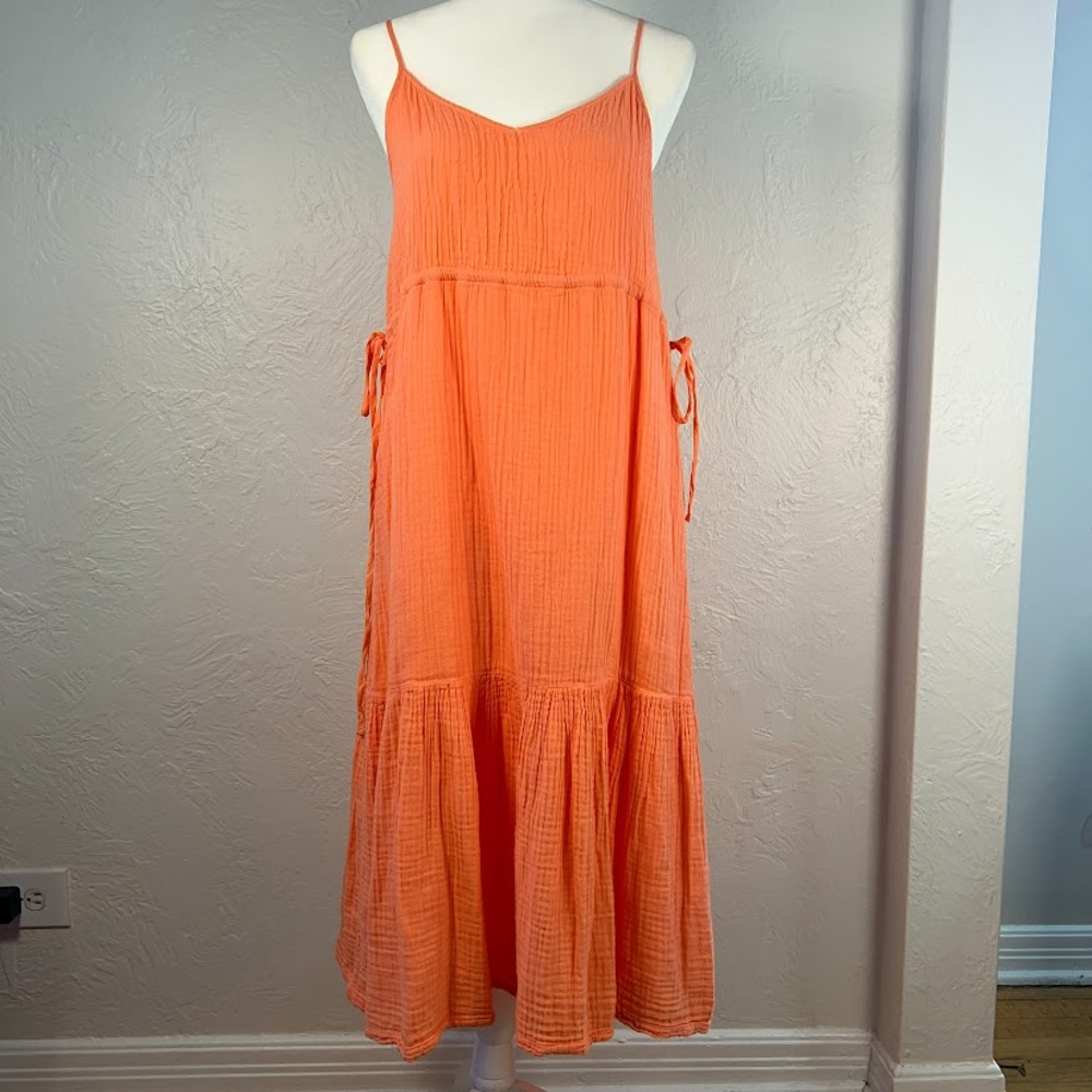 Michael Stars Giovanni Coral Orange Gauze Midi Sun Dress Women's M Tiered